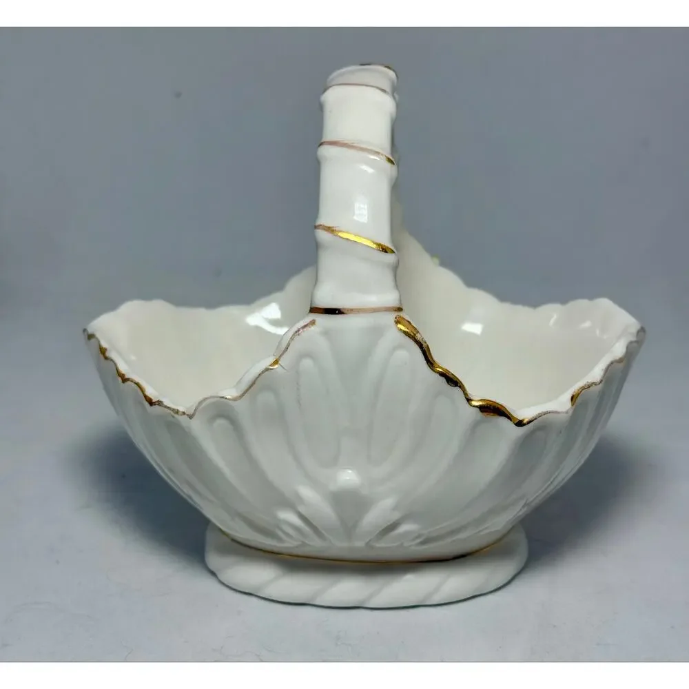 Vintage ARDCO Taiwan Porcelain Flower Basket Applied Roses Gold Trim 5 Inch